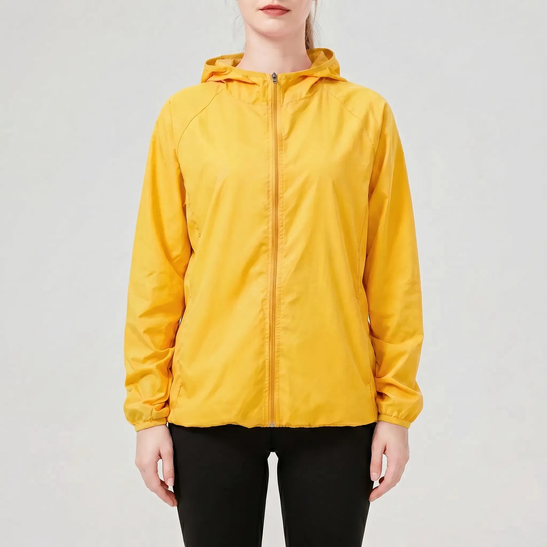 Women's lightweight active jacket. Hooded, packable, water-repellent windbreaker for outdoor & athletic wear.