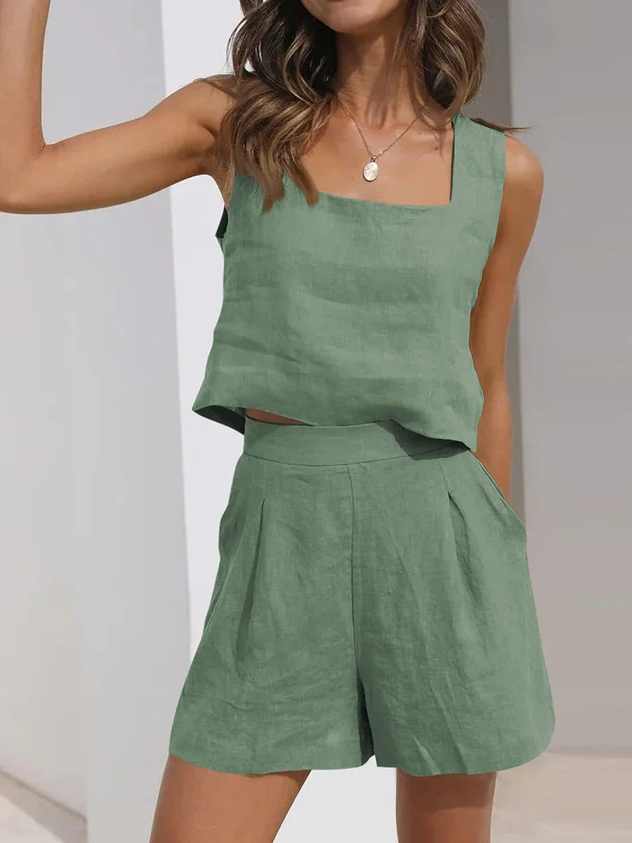 Modern women's lightweight matching set with a sleeveless square neck crop top and flowy shorts.