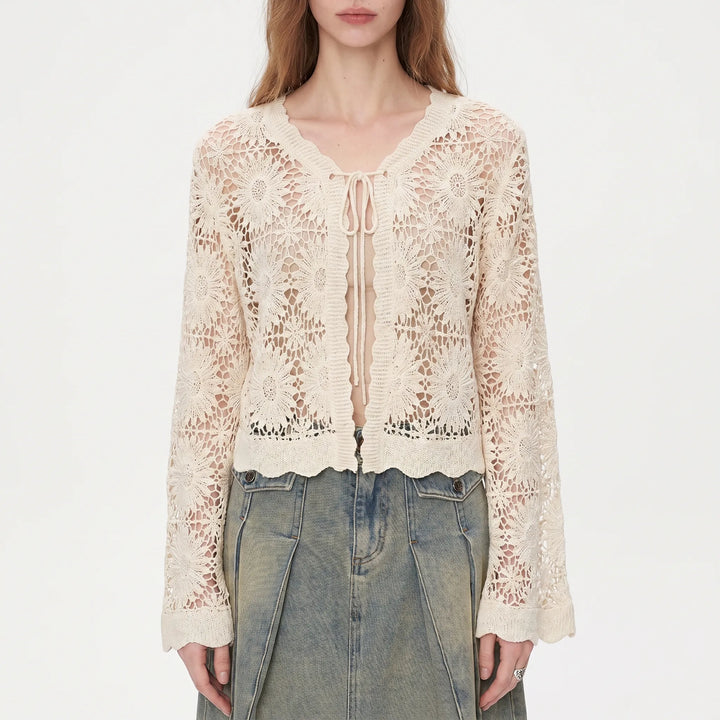Bohemian lilac openwork knit cardigan for women, featuring floral design and bell sleeves.