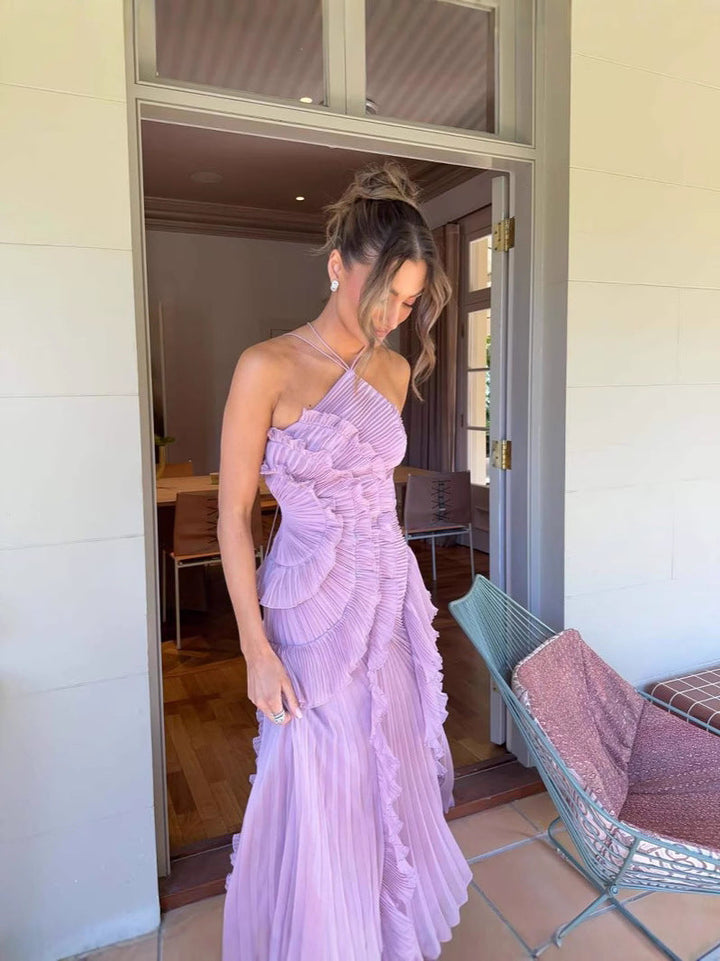 Stylish pleated ruffle halter dress for women. Lilac midi, perfect as a homecoming, wedding guest, or party dress.