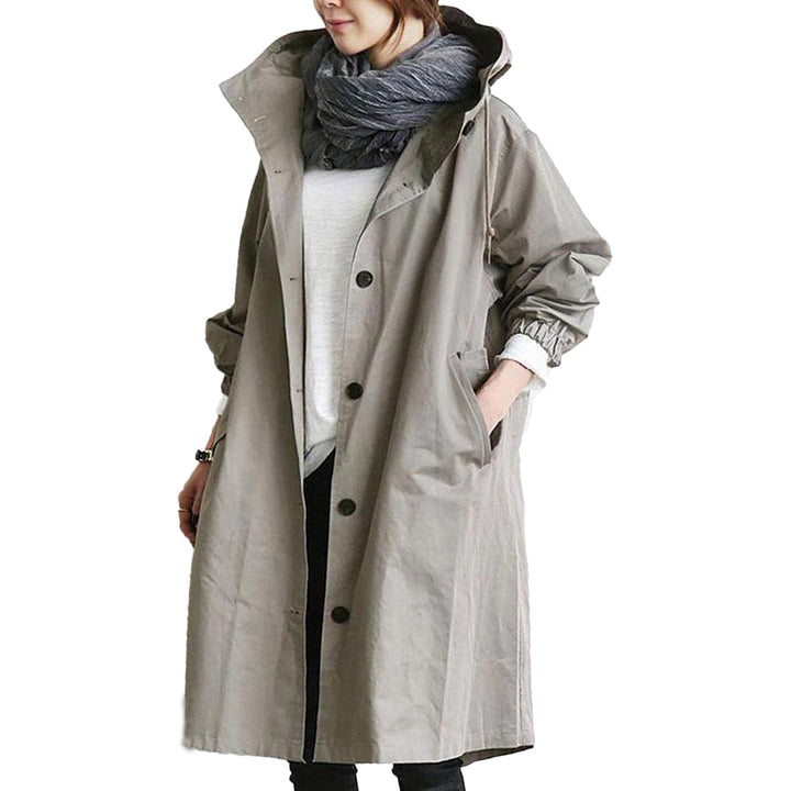 Functional hooded women's utility jacket, a long waterproof coat offering excellent protection for wet days.