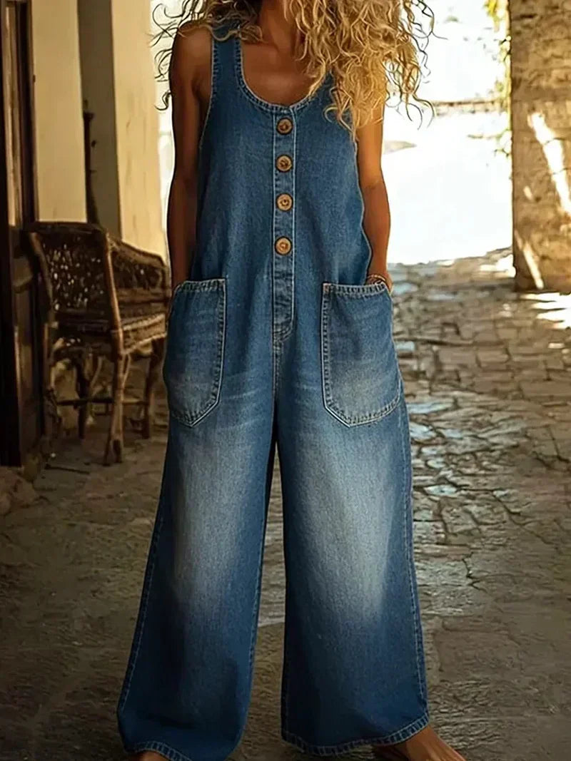 Comfortable women's overalls jumpsuit with button front, ideal for everyday wear and utility fashion.