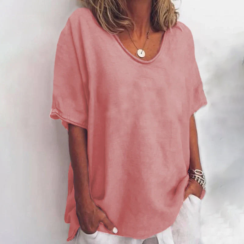 Women's loose fit summer t-shirt with round neck & short sleeves for comfortable, everyday style.