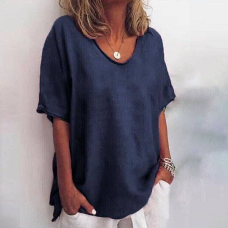 Soft, comfortable women's loose fit t-shirt with a round neck, perfect for summer casual wear.