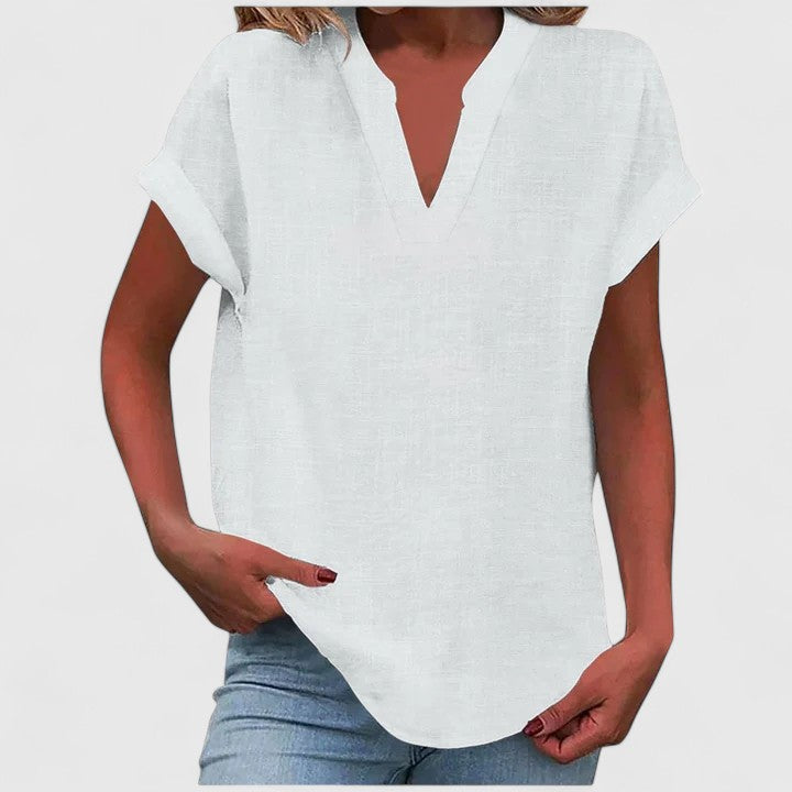 Casual women's V-neck top, loose fit, cap sleeves, versatile design for everyday comfort.