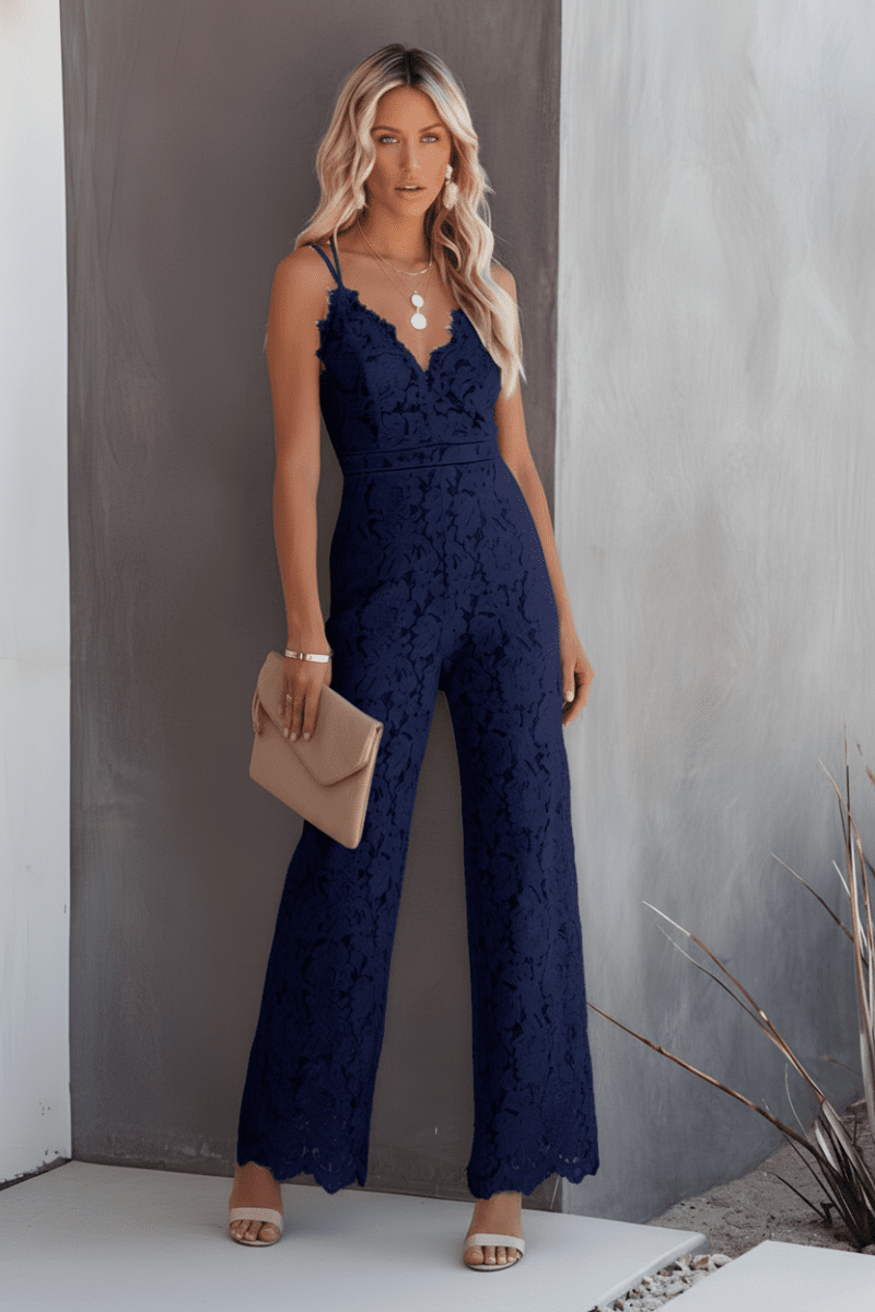 Modern design women's wide leg jumpsuit, a full-length chic outfit for formal parties.
