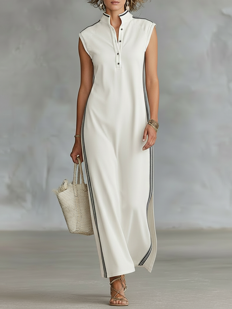 Women's minimalist athletic-style sleeveless Henley maxi dress, perfect for casual summer wear.