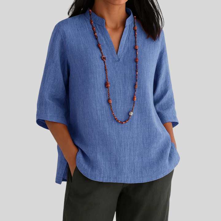 Versatile women's Nara summer blouse, perfect for warm weather. Comfortable, airy, short sleeve top.