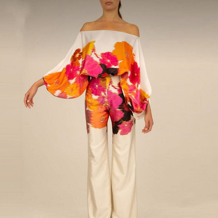 Unique printed women's off-shoulder two-piece set with elegant lantern sleeves, perfect for summer.