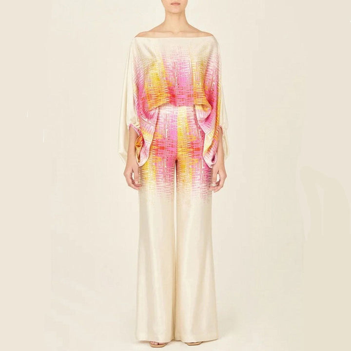 Beach-ready women's off-shoulder printed two-piece set, ideal for summer vacations and seaside style.