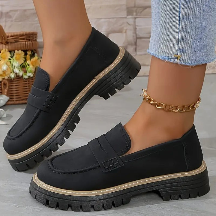 Close-up of wide toe box on women's orthopaedic comfort loafers, promoting natural foot health.