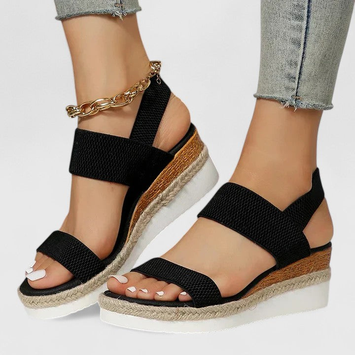 Women's orthopedic wedge sandals, all-day comfort, arch support, slip-on for plantar fasciitis relief.