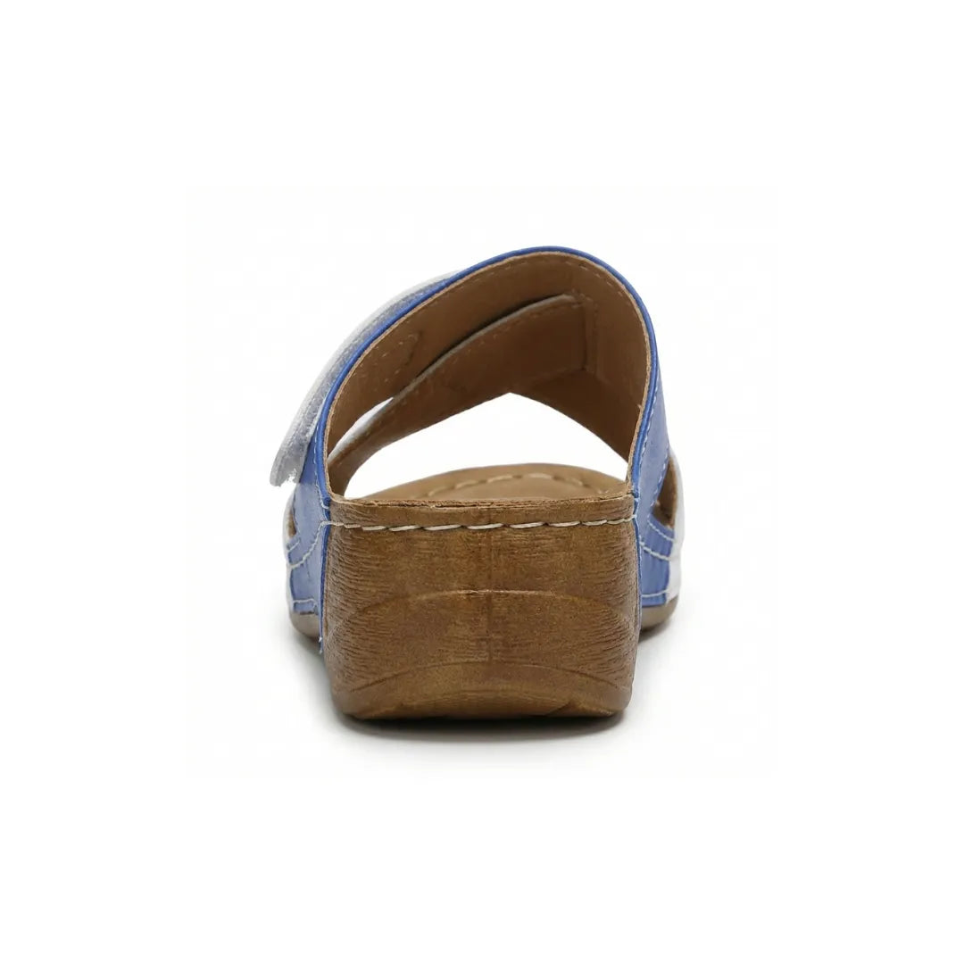 Orthopedic women's sandals, brown leather look, providing cushioned comfort & foot alignment.