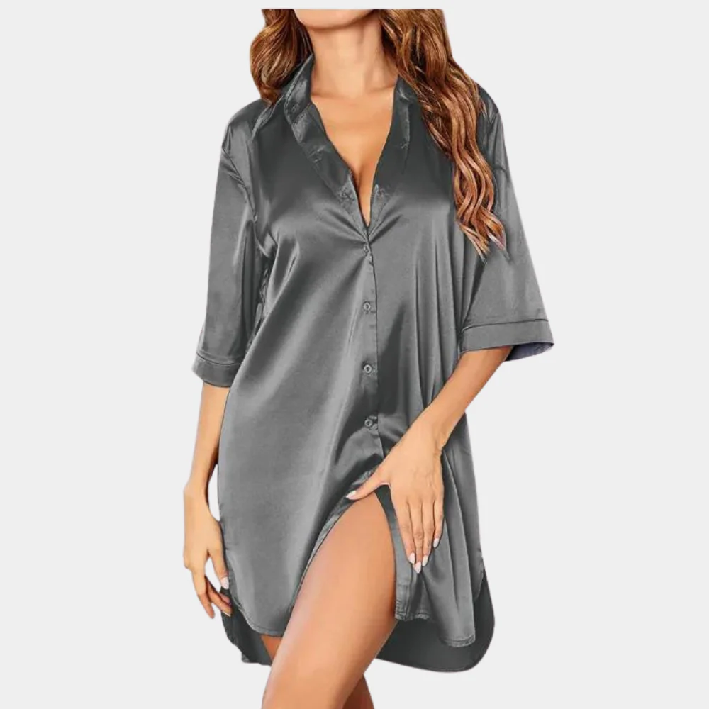 Relaxed fit women's half sleeve oversized sleep shirt mini dress, featuring a button-down front for ultimate comfort.