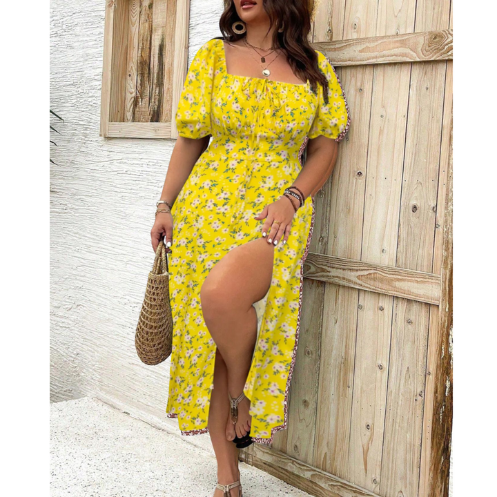 Summer style plus size maxi dress for women, light & flowing, elegant puff sleeves, comfortable.