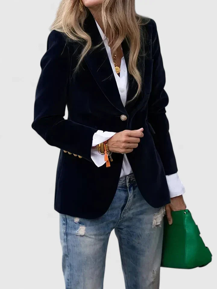 Women's plush single-breasted blazer with gold buttons, tailored fit, perfect for elegant office wear.