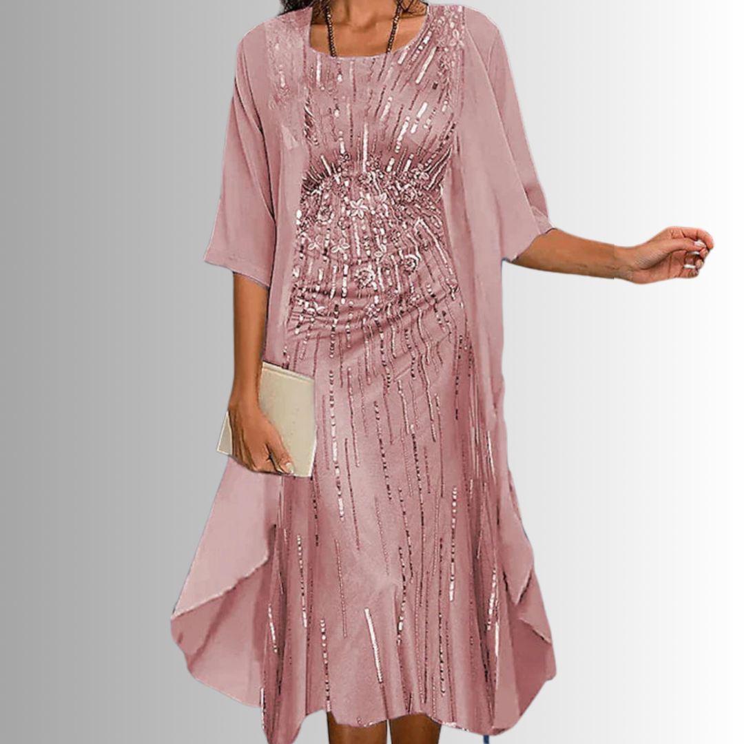 Printed layered midi dress for women, open-front design with an elegant uneven hem, ideal for casual wear.