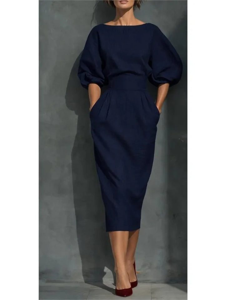 Casual women's puff sleeve midi dress with pockets, ideal for summer or everyday wear, comfy and stylish.