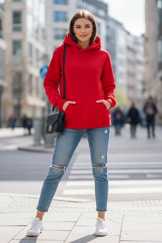 Women's red breathable comfort hooded sweatshirt. Relaxed fit long sleeve hoodie for casual wear.