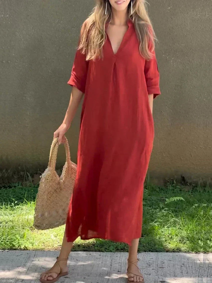 Effortless long V-neck casual maxi dress for women, offering comfortable and relaxed fit for summer fashion.