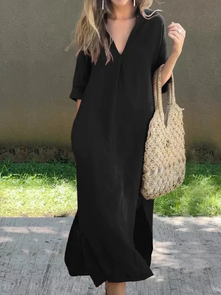 Women's relaxed summer maxi dress, a chic casual V-neck long dress for everyday comfort & versatile wear.