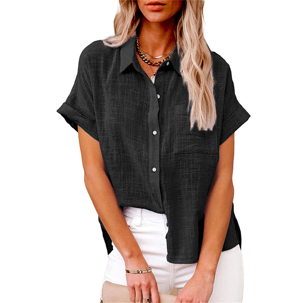 Women's relaxed fit button down blouse, perfect for casual summer wear.