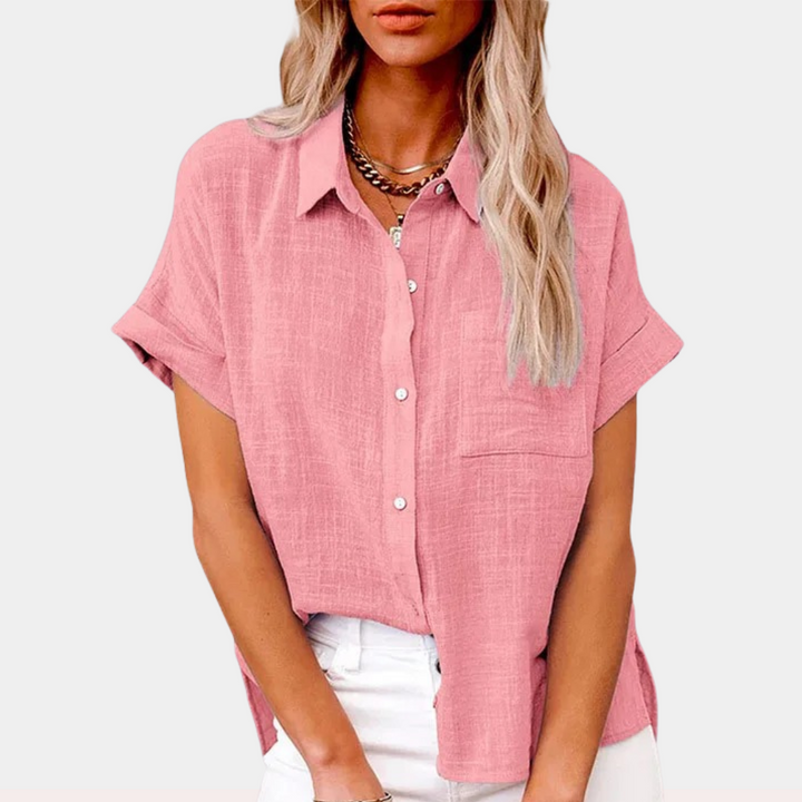 Effortless style: women's relaxed fit button down blouse, a chic short sleeve summer top.