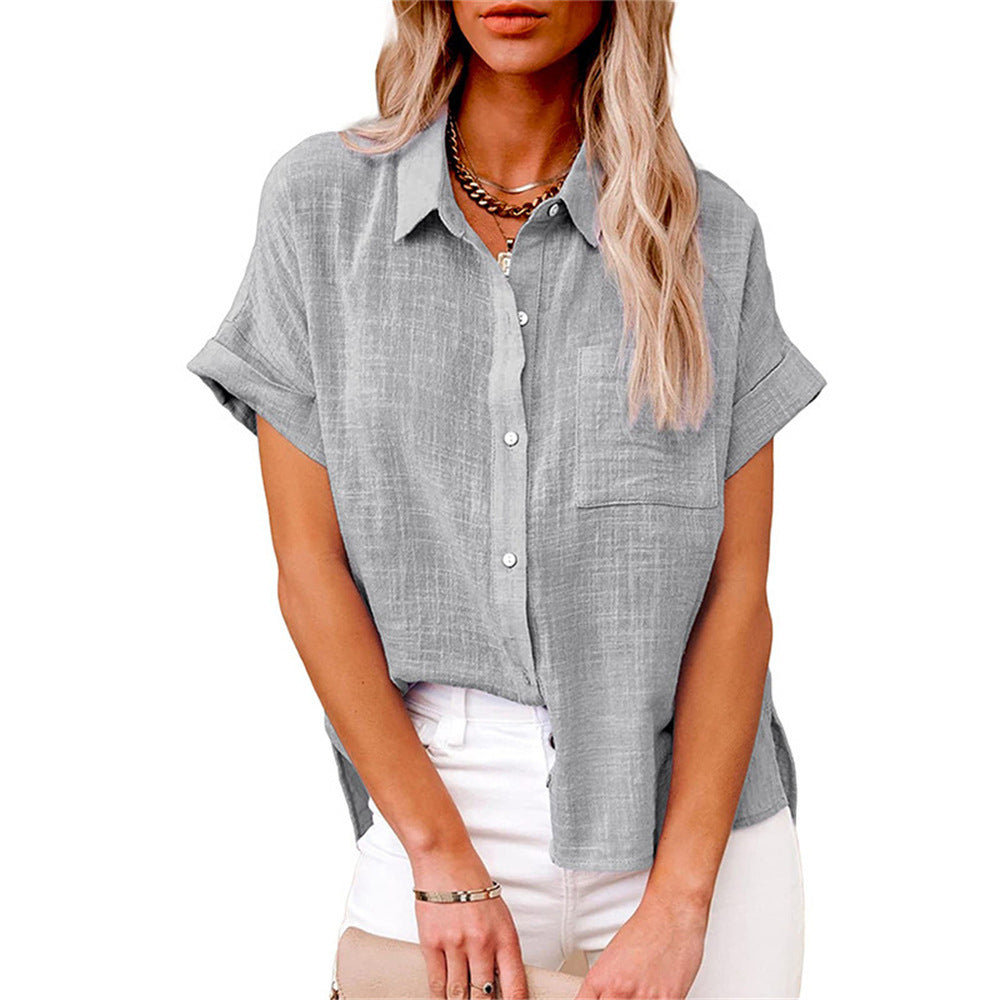 Women's casual relaxed fit button down blouse, comfortable short sleeve summer shirt.