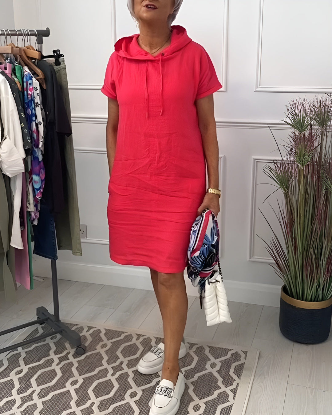 Everyday women's hoodie dress, a relaxed fit midi with comfortable half sleeves.