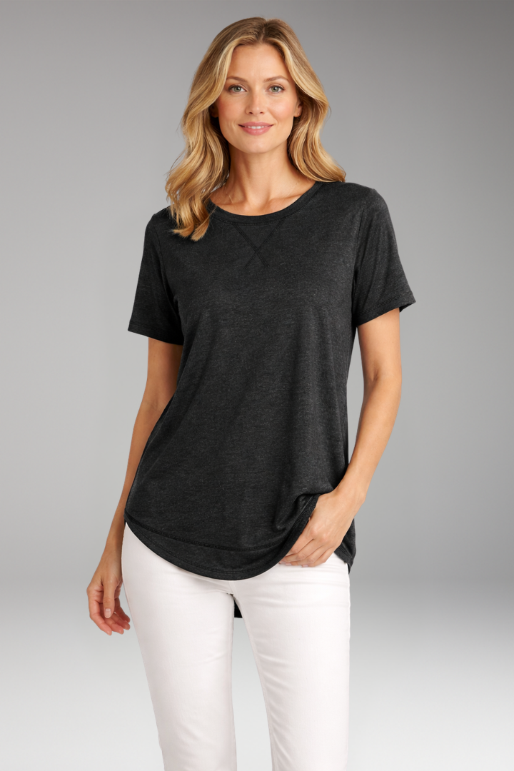 Classic round neck on a comfortable women's relaxed fit t-shirt, perfect for versatile fashion.