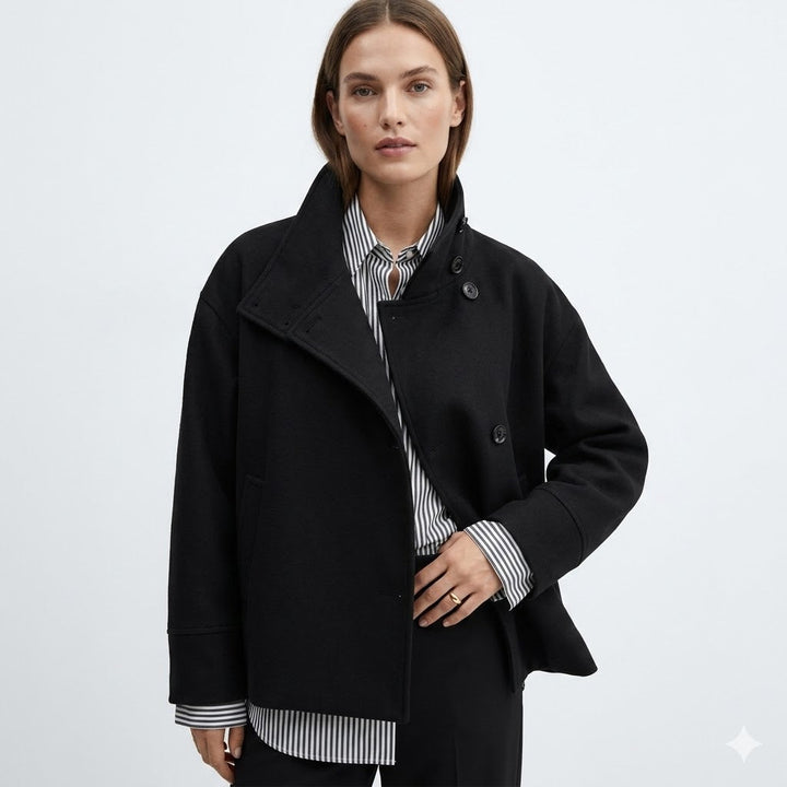 Women's relaxed fit short coat with button closure & high neckline. Perfect fall/winter outerwear.