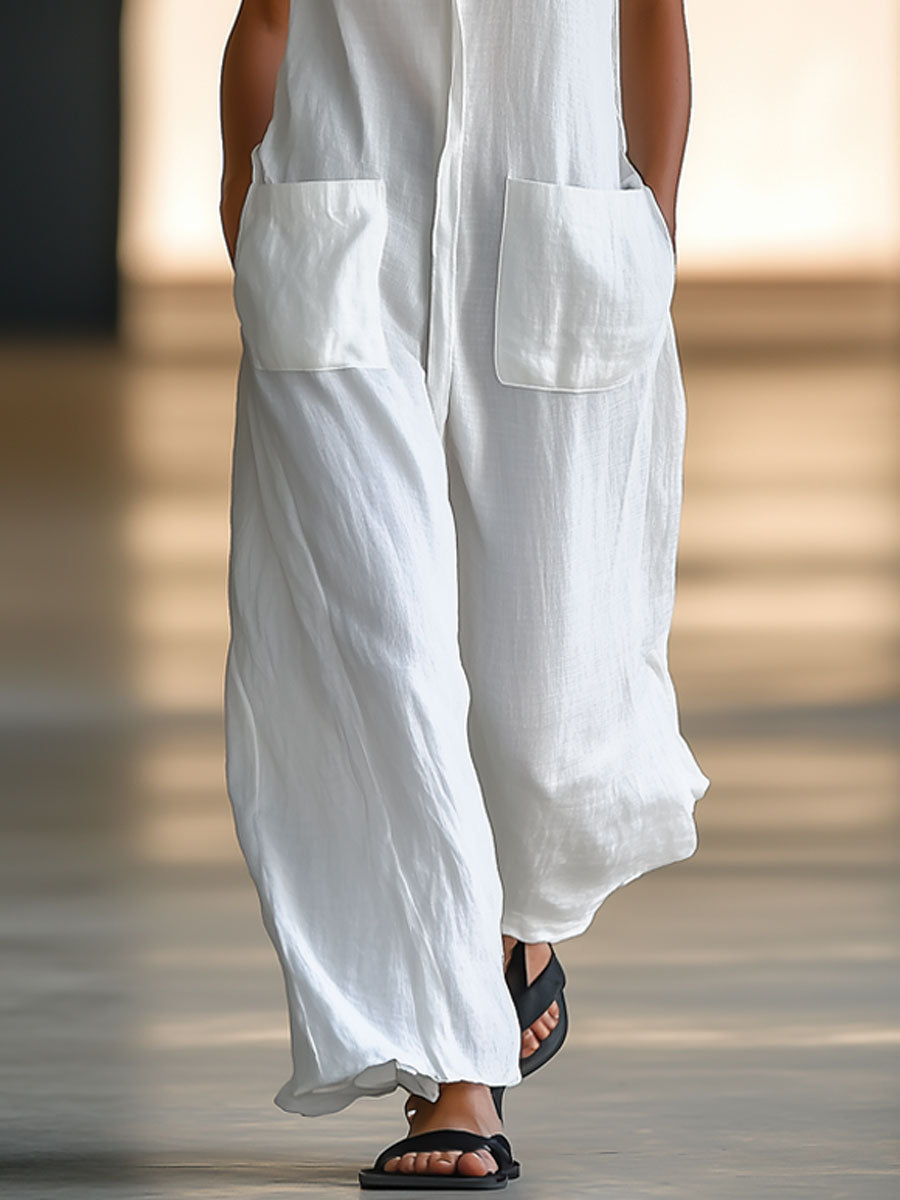 Stylish women's retro white sleeveless wide-leg jumpsuit. Comfortable casual one-piece, great for summer.