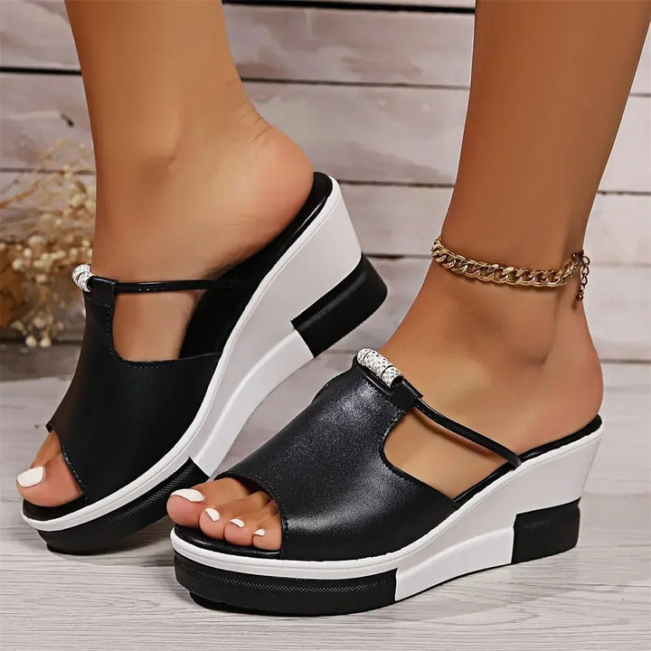 Women's rhinestone wedge platform slide sandals. Sparkling open-toe summer fashion footwear. Comfortable slip-on.