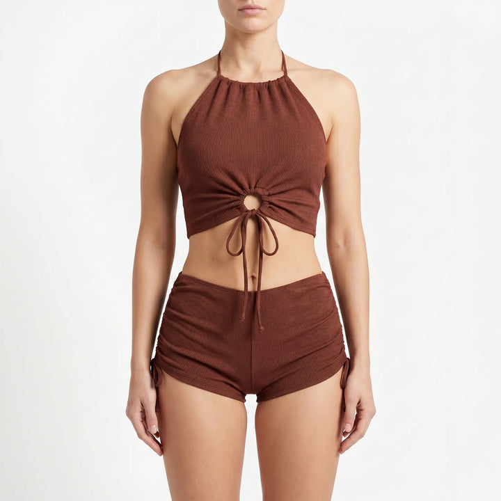 Modern women's ribbed tankini set with modest boyshorts, designed for ultimate comfort and style in swimwear.