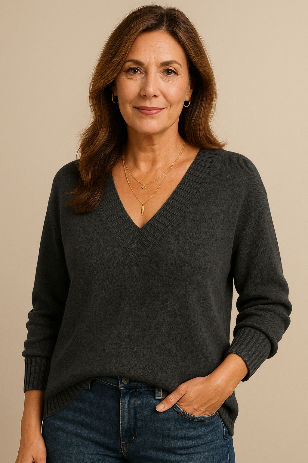 Warm women's ribbed v-neck sweater. Relaxed fit long sleeve for cozy fall/winter everyday comfort.