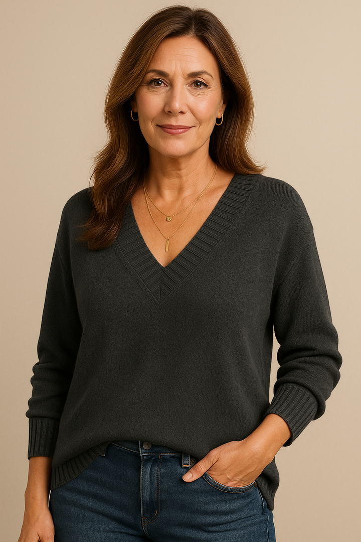 Cozy fall/winter women's ribbed v-neck sweater. Relaxed fit long sleeve for casual everyday fashion.