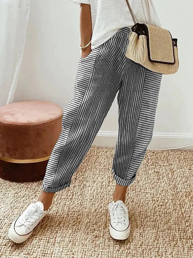Women's Roah striped relaxed fit trousers with elastic waist, comfortable for casual wear.