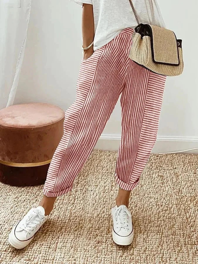 Women's Roah striped relaxed trousers, offering comfort, versatility, and chic style with an elastic waist.