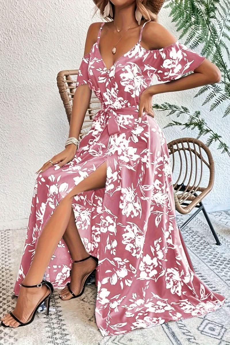 Romantic women's cold shoulder maxi dress, an elegant and flowy choice for a special evening.
