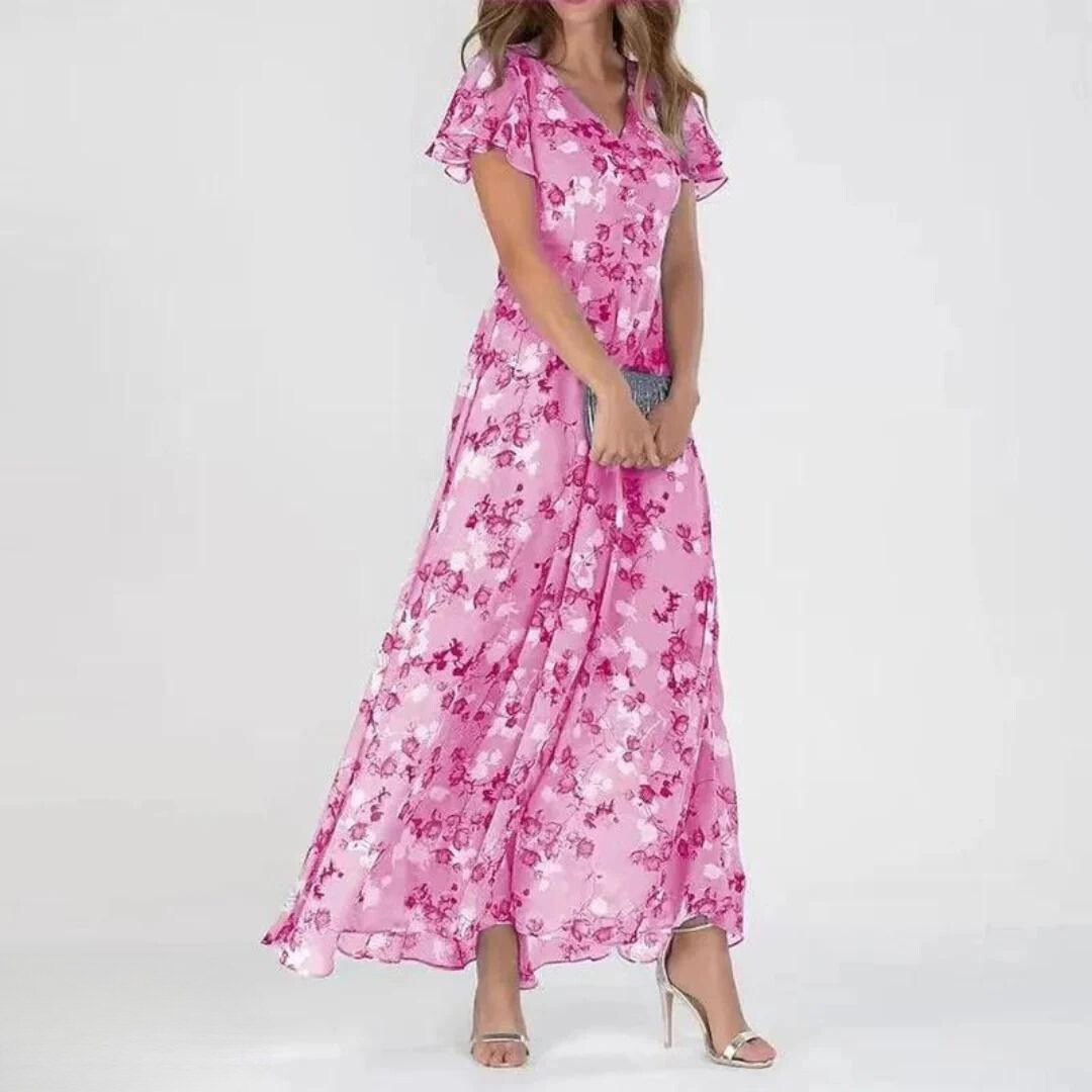 Elegant women's bohemian floral maxi dress, featuring flutter sleeves & v-neck. Perfect for summer parties & vacation.