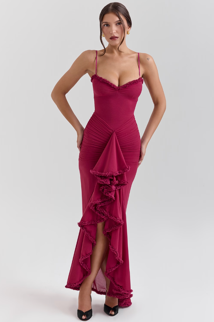 Flattering women's formal maxi dress, elegant design with romantic ruffles. Perfect for any special event.