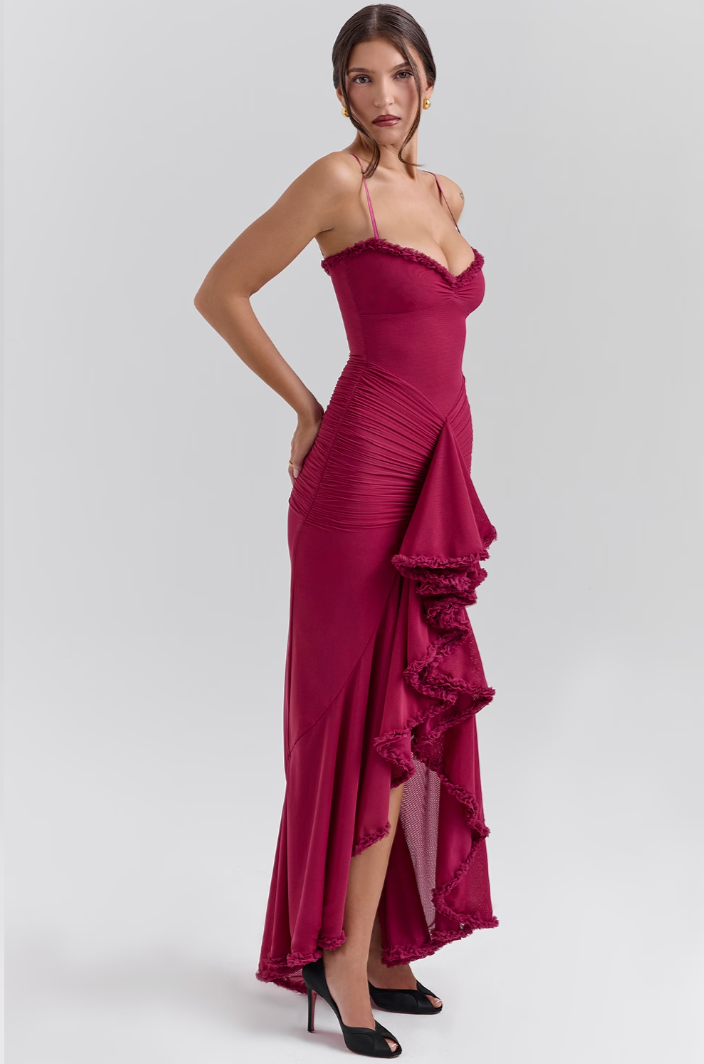 Beautiful romantic ruffle maxi dress, an elegant women's evening gown. Ideal formal wear for wedding guests.