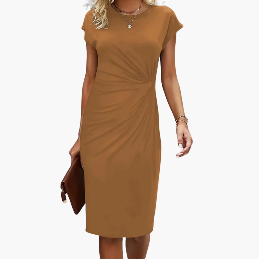 Classic women's round neck short sleeve midi dress, an elegant & flattering design for all seasons.