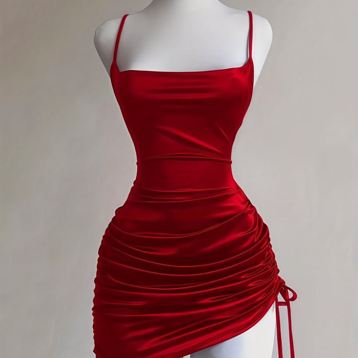 Flattering fitted mini dress for women, ruched with a stylish drawstring & square neckline, elegant for events.