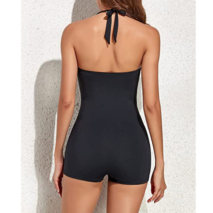 Essential summer women's one-piece swimwear: ruched halter neck & boyleg for ultimate comfort.
