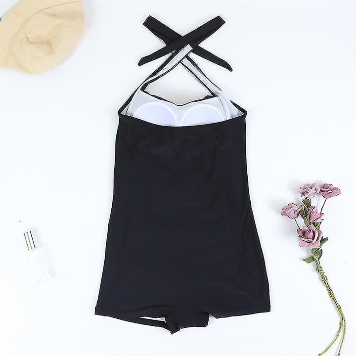 Versatile women's ruched halter neck boyleg swimsuit for beach, pool, and resort adventures.