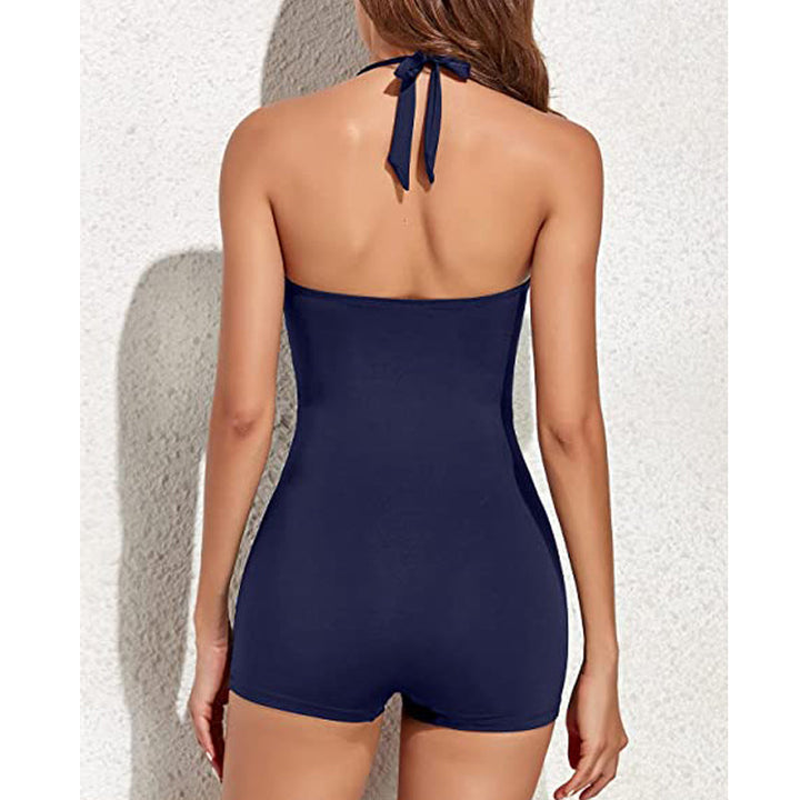 Front view of a women's flattering ruched halter one-piece swimsuit with boyleg cut.