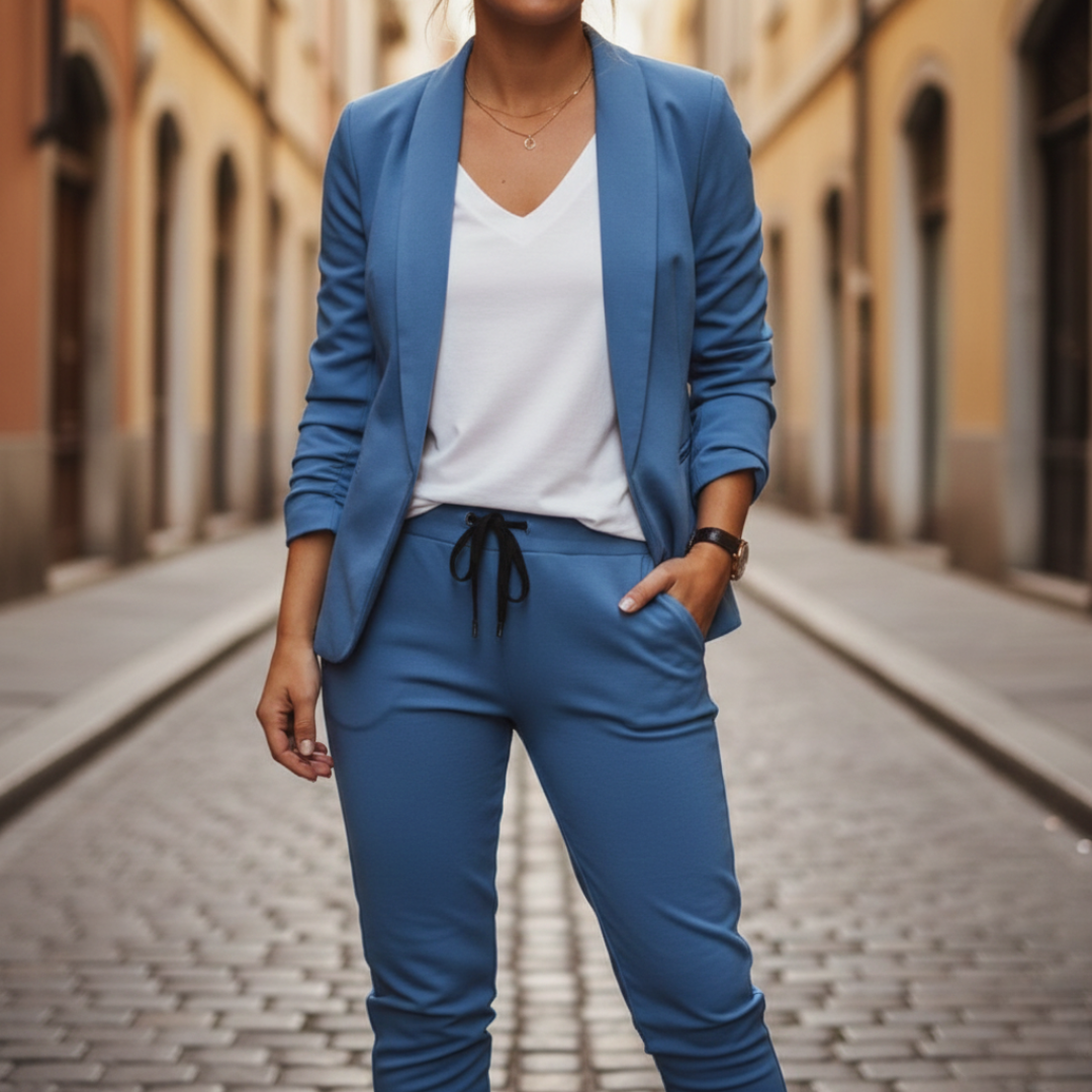 Women's smart casual outfit: A chic ruched sleeve blazer paired with matching joggers for an elevated style.
