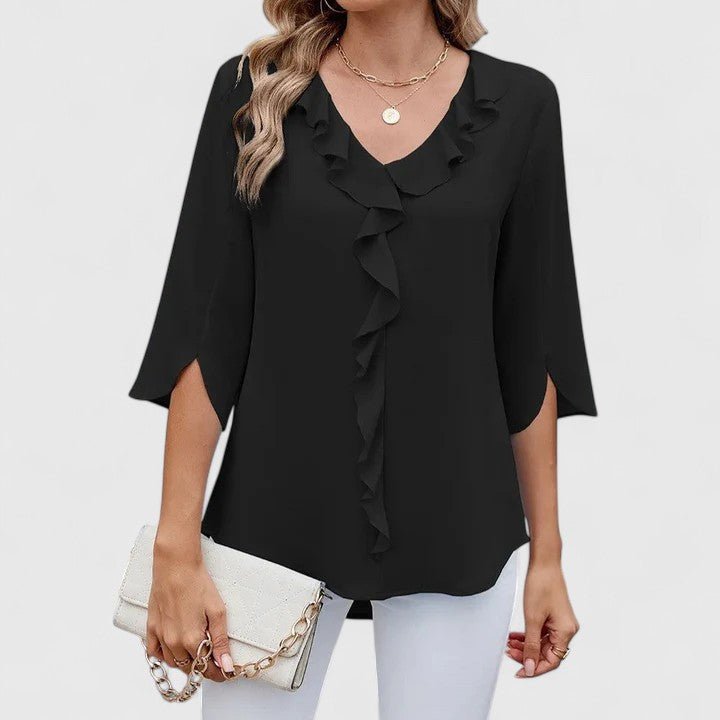 Lightweight feminine ruffle top; V-neck & split sleeves for spring/summer effortless chic.