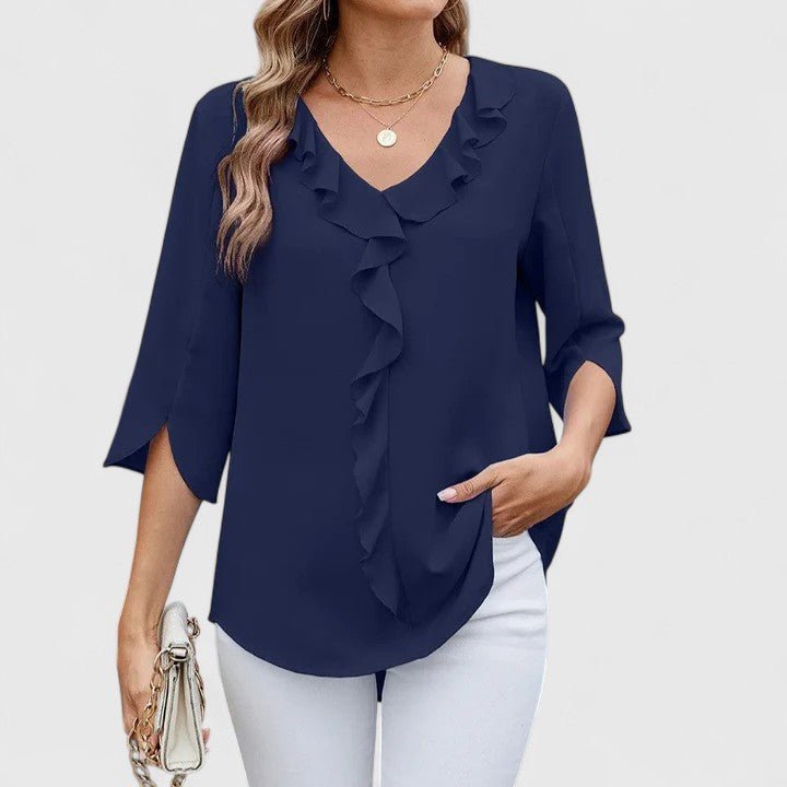 Casual chic V-neck ruffle blouse for women, featuring stylish split sleeves & relaxed fit.